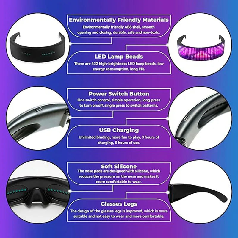 Gafas futuristas electrónicas brillantes DIY que brillan en la oscuridad, gafas luminosas LED con Bluetooth, accesorios para fiestas, Bar, actuaciones de festivales