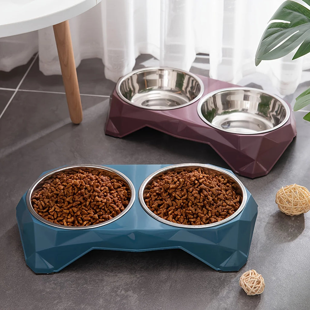 Cuenco doble de acero inoxidable para mascotas, cuenco de comida de gran capacidad con patrón de diamante mejorado para perros y gatos, cuencos alimentadores de agua antideslizantes para mascotas