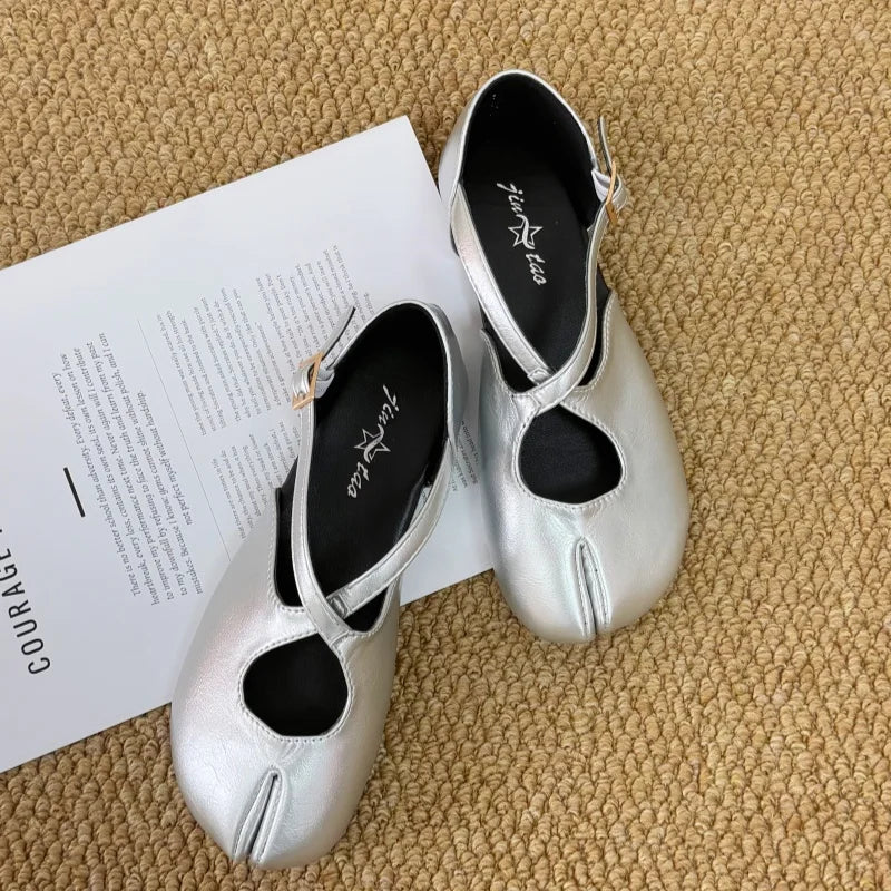 Zapatos Planos de Mujer con Punta Dividida, Estilo Mary Jane, Minimalistas, con Tira Cruzada, de Cuero PU Liso, Zapatos de Ballet, Estilo Francés Chic, Casuales, para Caminar