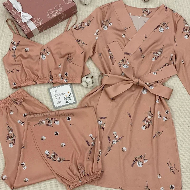 Conjunto de pijamas de seda sintética satinada para mujer, Top con tirantes y pantalones, ropa de dormir con estampado Floral, ropa de dormir de otoño para el hogar, bata de S-XXL