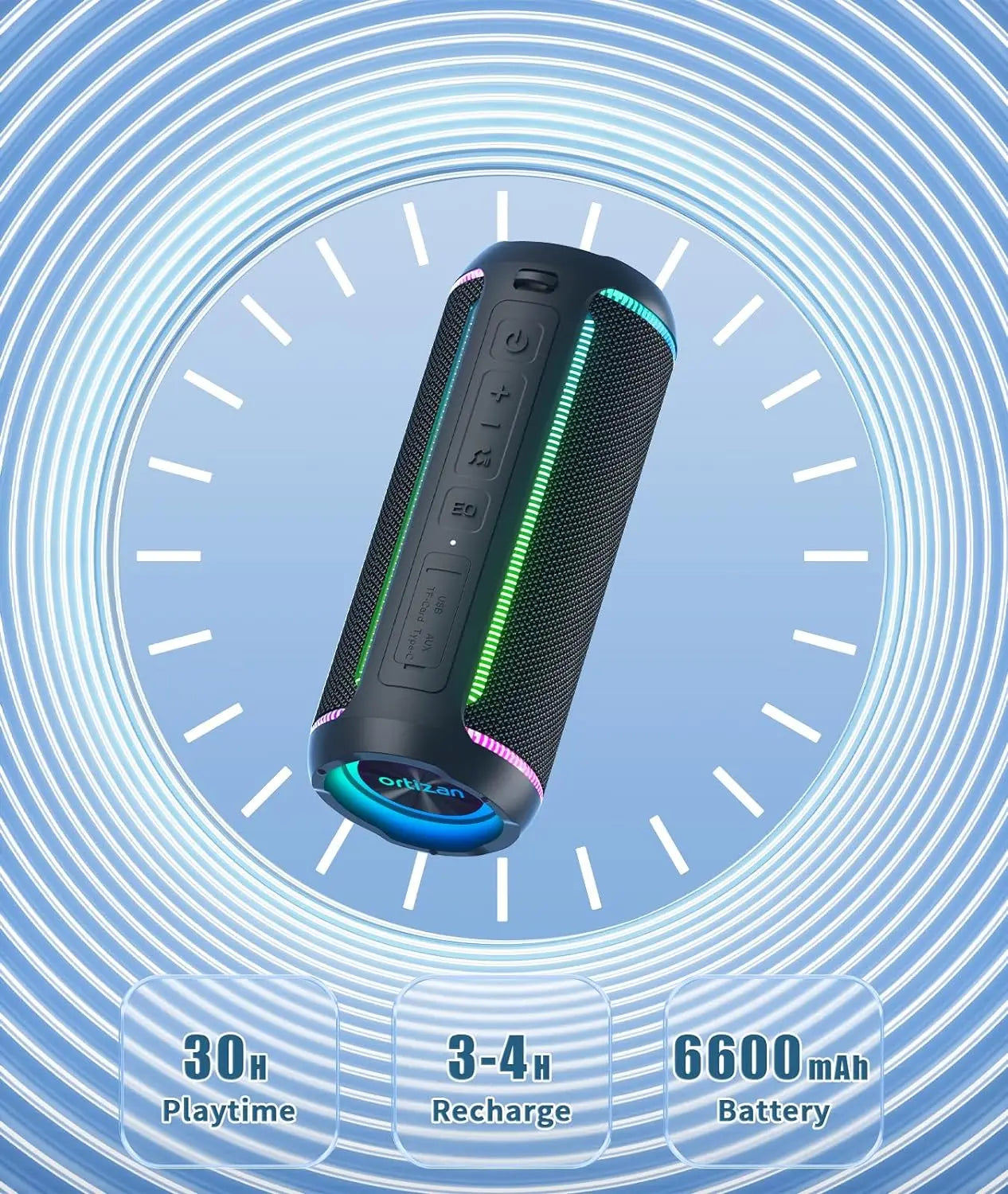 Ortizan Altavoz Bluetooth portátil inalámbrico X30 con sonido estéreo de 40 W, graves ricos, resistente al agua IPX7, 30 horas de reproducción, TWS, luces LED