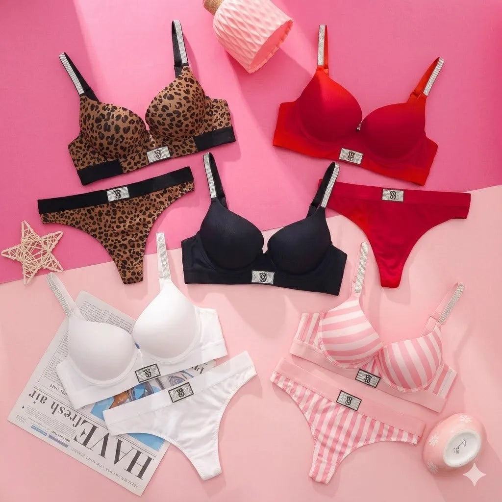 Conjunto de Sujetador Push Up sin Aros con Encaje y Bragas para Mujer