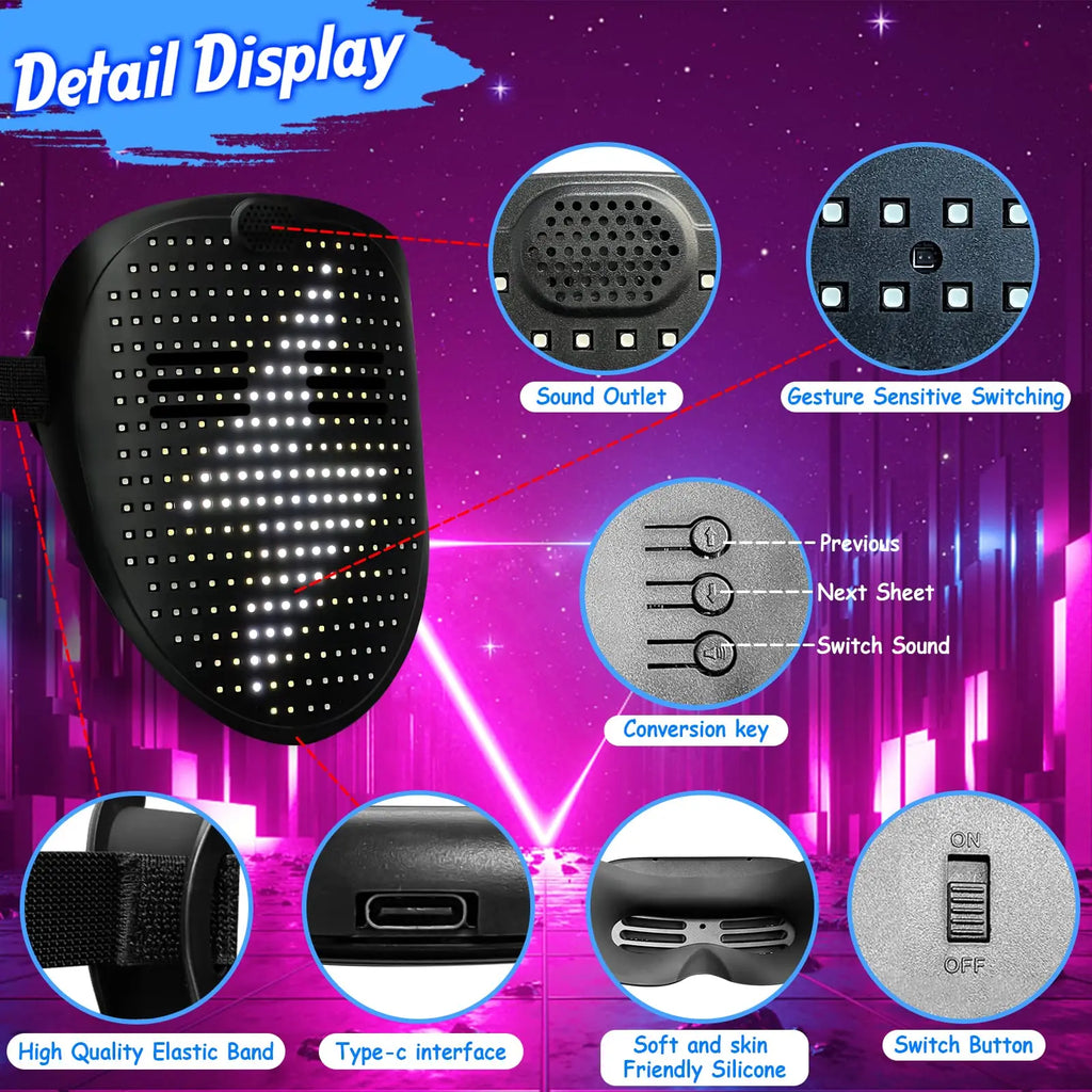 Máscara LED con detección de gestos, efectos de sonido musicales, máscara de Halloween iluminada para Dj, disfraz de mascarada de cumpleaños, fiesta de disfraces