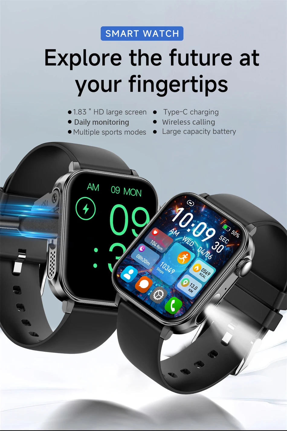 Smartwatch LIGE con llamadas Bluetooth, monitor de salud y carga rápida tipo C