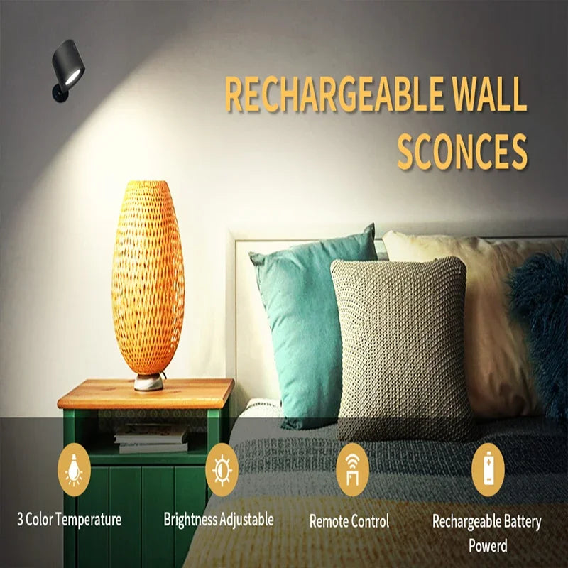 Lámpara Led de pared de doble cabezal con Control remoto táctil, luz nocturna portátil inalámbrica con recarga USB giratoria 360 para lectura de dormitorio