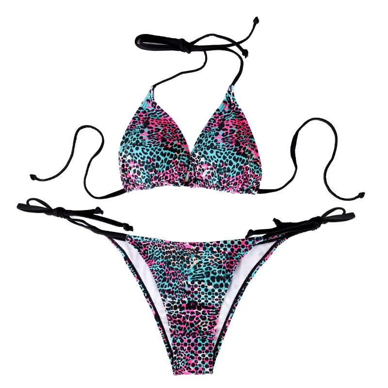 Conjunto de Bikini dividido de dos piezas para mujer, traje de baño de verano con tiras y cordones, estampado de lunares coloridos, traje de baño para vacaciones en la playa