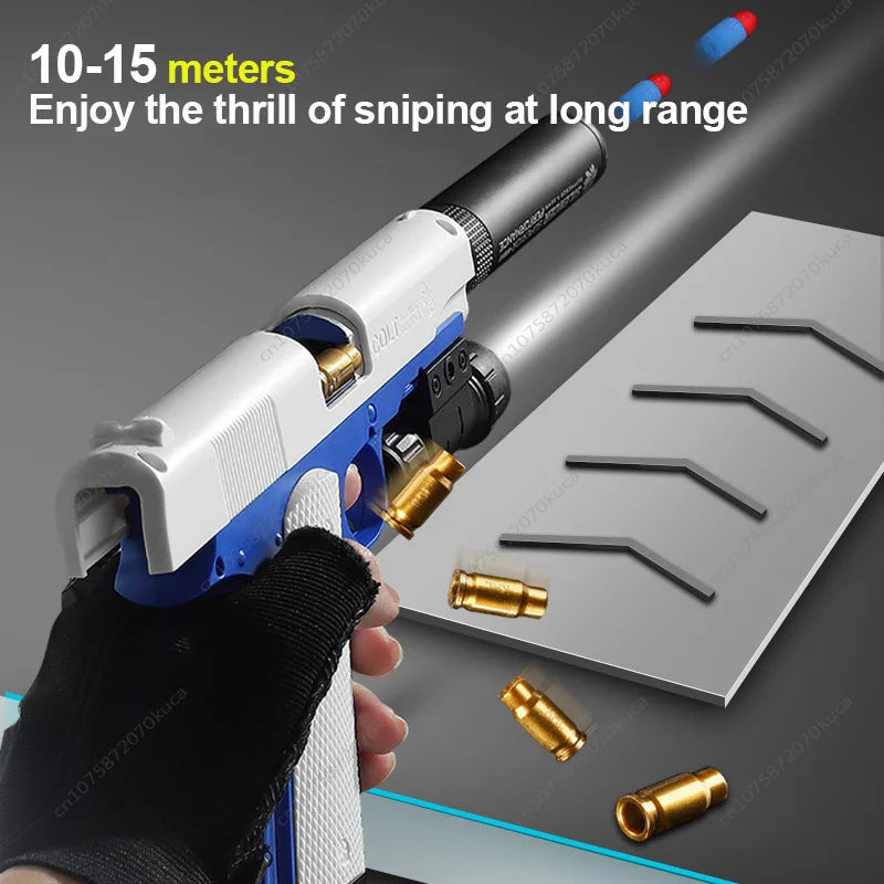 Pistola de juguete M1911 con balas de espuma, expulsión de casquillos, lanzador de dardos de espuma, arma de airsoft manual con silenciador para niños y adultos