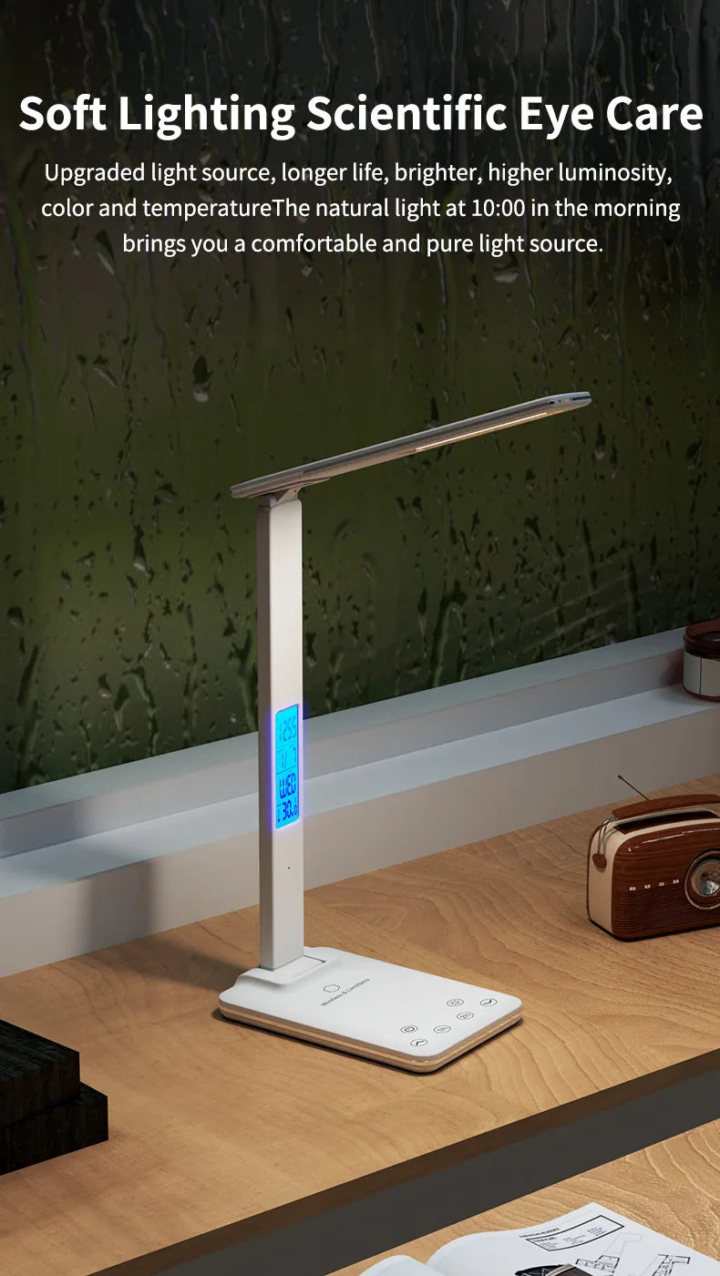Lámpara de escritorio de lectura plegable, luz de escritorio enchufable USB, 15W, carga inalámbrica para teléfono móvil con tiempo, dormitorio, oficina, protección ocular