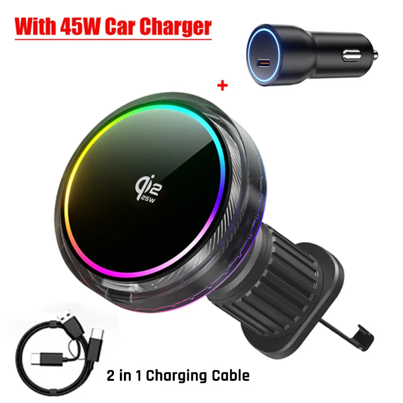 Soporte Magnético para Teléfono con Cargador Inalámbrico Qi2 de 25W, Refrigeración por Aire y Luz RGB, para iPhone Magsafe 17~12 Pro Max, Base de Carga Rápida