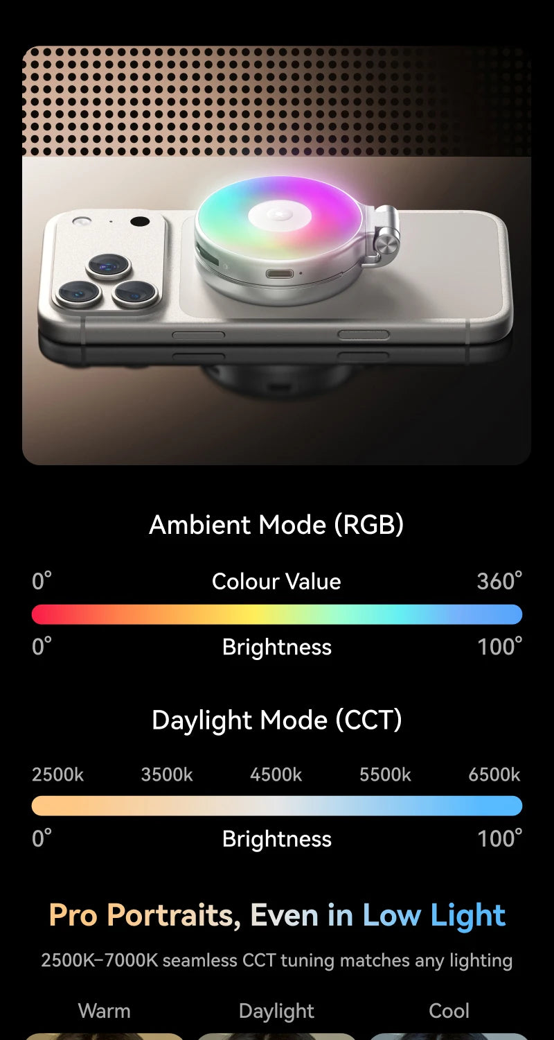TELESIN Magnético 360 °   Mini Lámpara de Relleno RGB Giratoria, Luz para Selfies con 3 Modos de Color y Brillo Ajustables para Teléfonos Inteligentes iPhone y Android