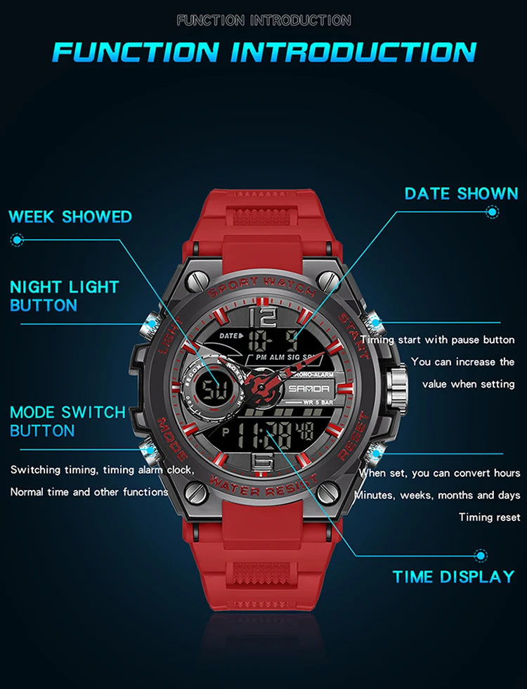 Reloj Deportivo Militar SANDA 6092 Pantalla Dual LED, Resistente al Agua