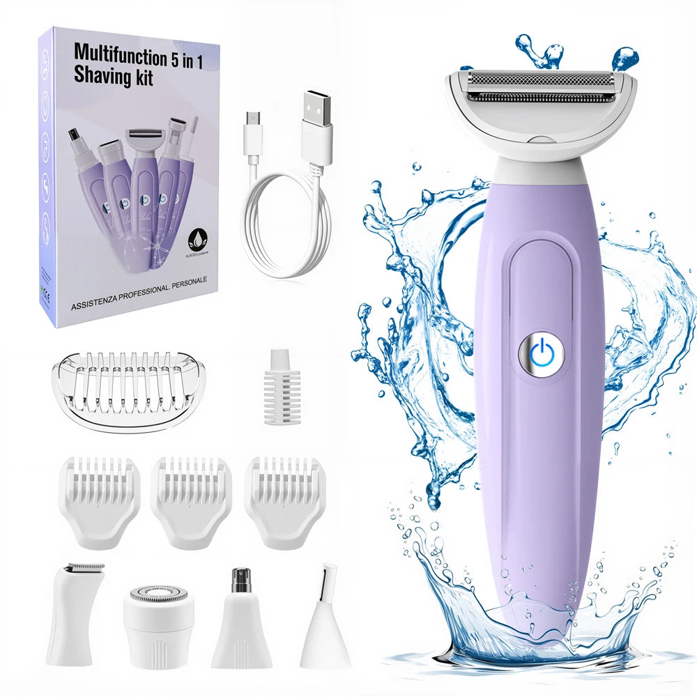 Maquinilla de afeitar 5 en 1 para mujer, depiladora corporal, recortadora de Bikini, Afeitadora eléctrica para cara, nariz, cejas, brazos, axilas y piernas
