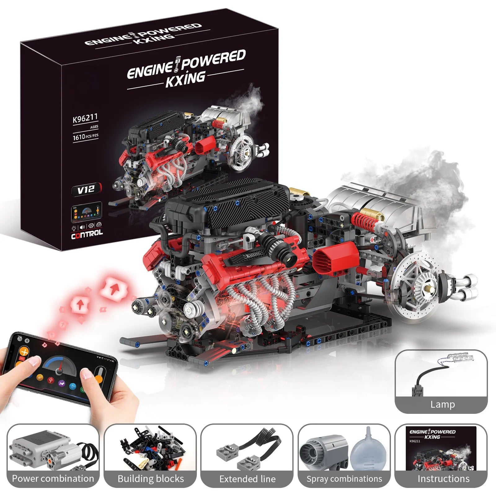 Juego de modelos de ensamblaje de bloques de construcción de motor V12 de 1610 Uds.-Kit MOC programable con control remoto por aplicación con luces y pulverización