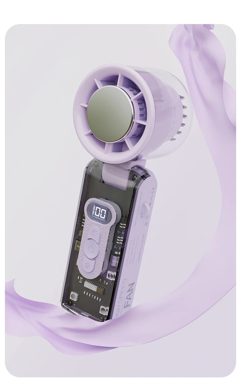 Ventilador de refrigeración plegable de alta velocidad, mini ventilador de carga USB portátil con pantalla digital, ventilador de mano de alta energía eólica