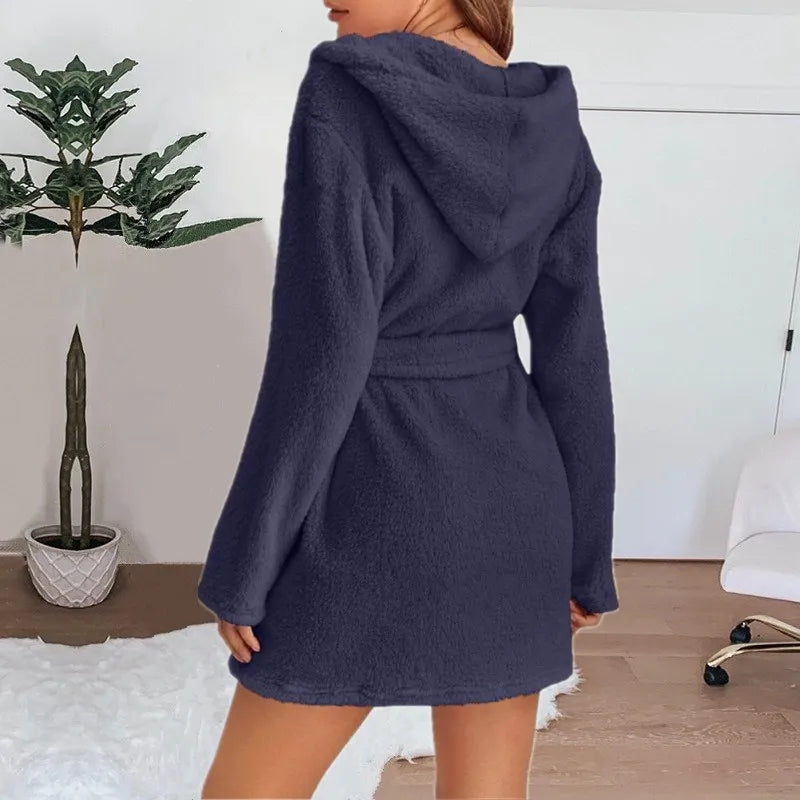 Otoño Invierno mujer bata de baño Sexy pijamas de felpa esponjosos señoras con capucha vestido de Color sólido Albornoz cálido ropa de descanso femenina
