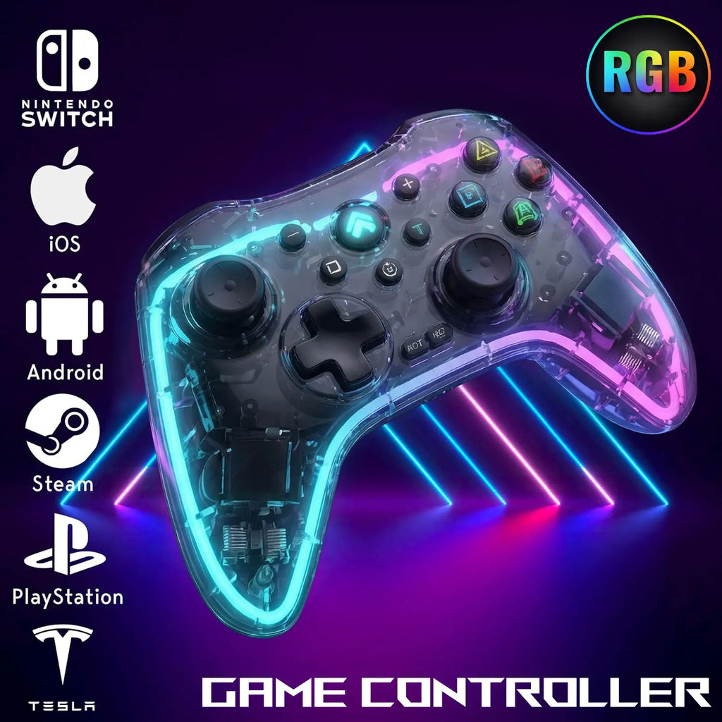 Controlador de juegos inalámbrico, controlador de juegos Bluetooth ergonómico con efecto de luz RGB para Switch, PS3, PS4, iPhone, teléfono Android, PC