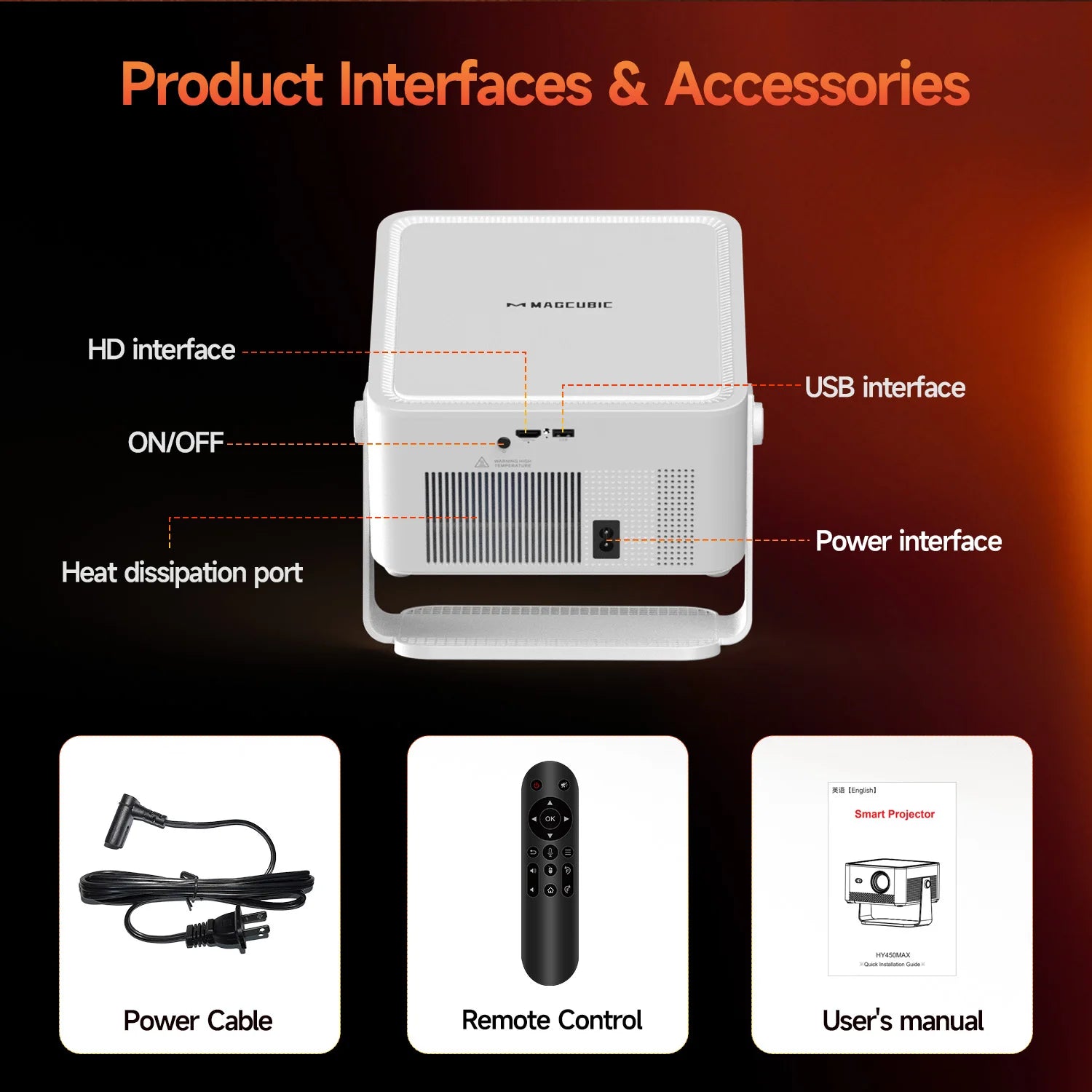 Magcubic HY450MAX 1100ANSI Android 14 Proyector portátil para exteriores 1080P Enfoque automático 8K Soporte WIFI6 Mini proyector de haz