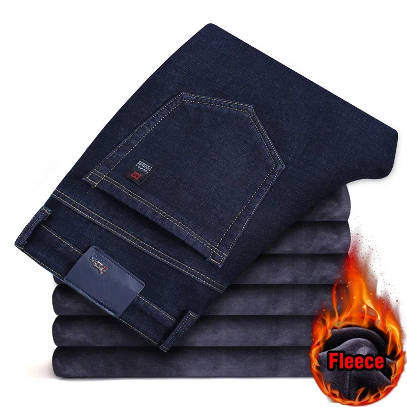 Pantalones Vaqueros de Lana Cálidos para Hombre, Gruesos, Negro y Azul