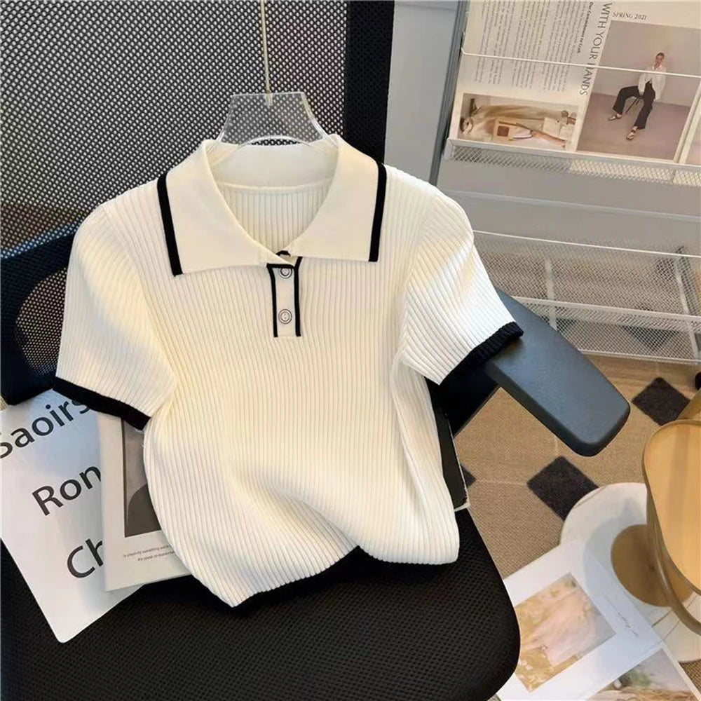Camiseta de Punto Seda Helada para Mujer, Manga Corta