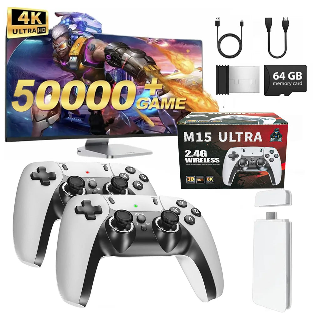 Consola retro 4K HDMI con 64 GB/128 GB, más de 50 000 juegos, mandos inalámbricos duales de 2,4 G, Plug and Play, compatible con PS1, Sega Arcade, GBA, MD, TV doméstica, 2 jugadores, ideal para familias y niños.