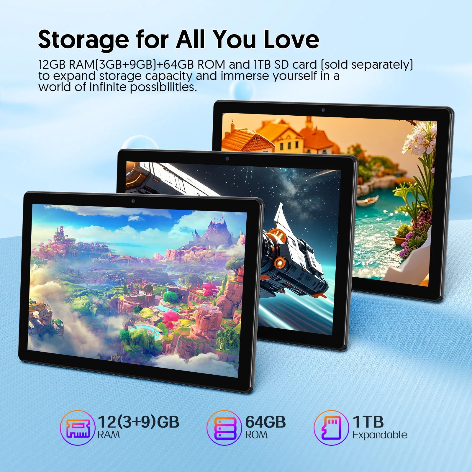 Tablet Android 15 de 10.1 Pulgadas, Compatible con Google Play, Procesador de Cuatro Núcleos, 12GB (3+9) de RAM, 64GB de ROM, Bluetooth, Batería de 6000mAh