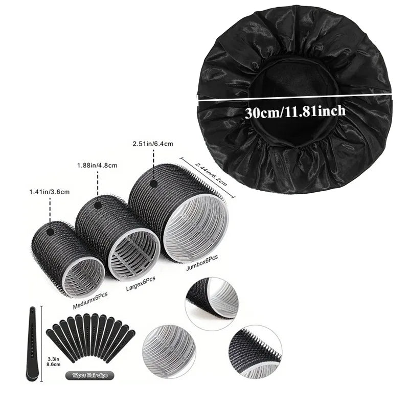 Set de 31 Piezas de Rizadores de Cabello sin Calor con 18 Rodillos Autoadherentes, 12 Pinzas y Gorro de Satén para Ondas Naturales Durante la Noche