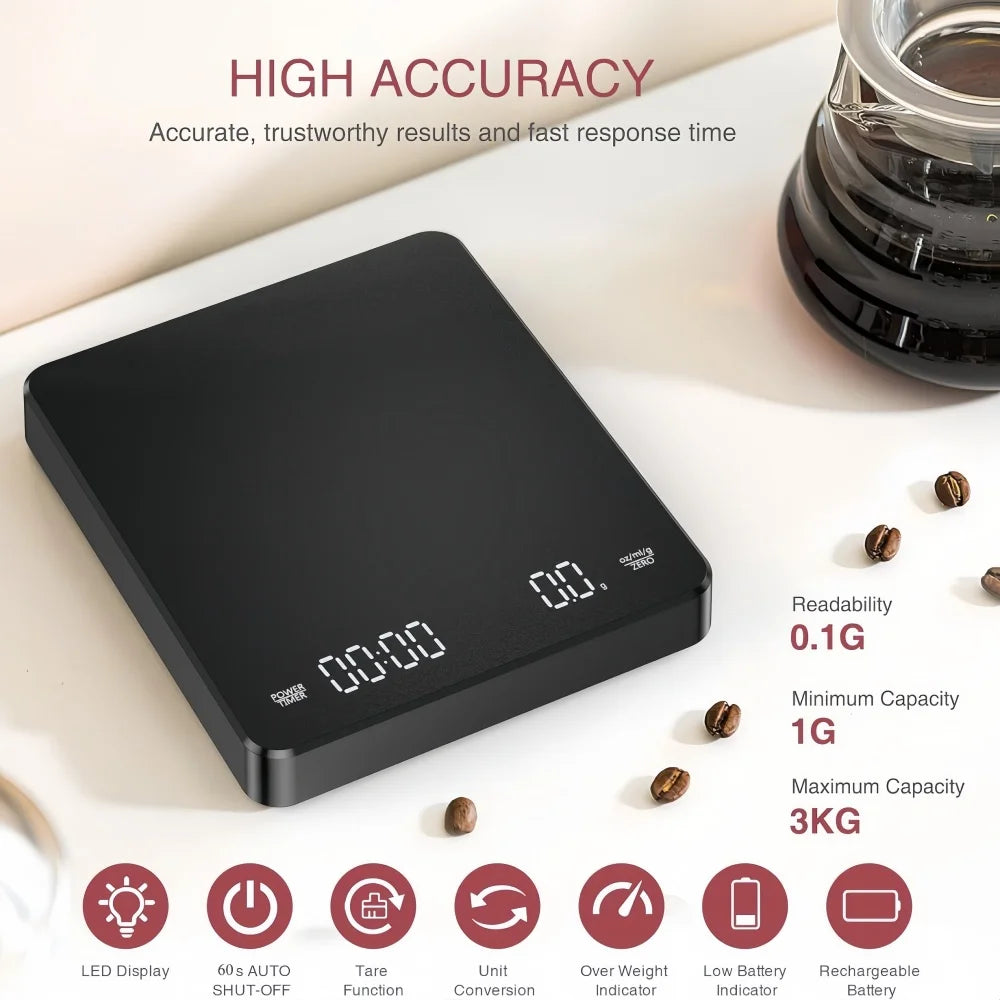 Báscula Electrónica de Café de Alta Precisión con Base Impermeable, Pantalla LED, Temporizador USB, Accesorios Profesionales para Café en Casa, 3 kg/5 kg