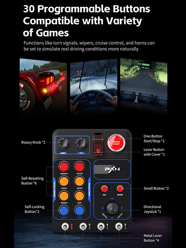 La caja de control central PXN-CB1 admite computadoras PC, con luces RGB personalizadas y 30 botones programables