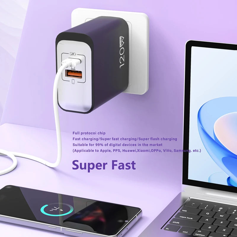 Cargador GaN 120W A+C EU/US/UK con Carga Rápida para Móviles