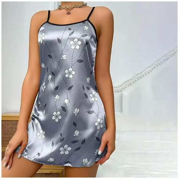 Camisón Sexy con estampado Floral para mujer, ropa de dormir de seda, color negro, para el hogar