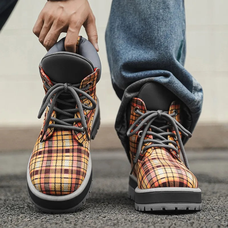 Botas de tobillo a cuadros para hombre con cordones y suela antideslizante