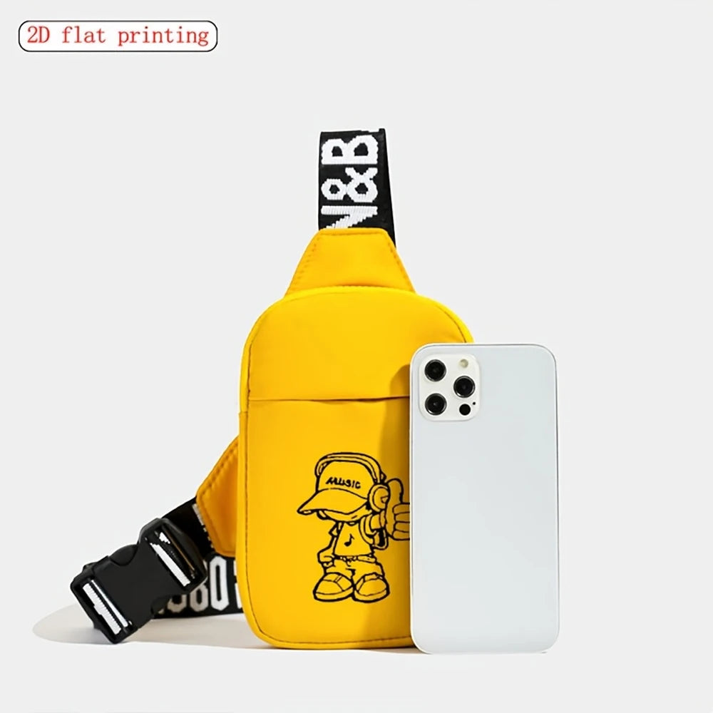 Bolso de pecho a la moda para hombre, color sólido, con estampado 2D de Music Boy, adecuado para desplazamientos diarios, viajes al aire libre, bolso para móvil, bolso de cintura