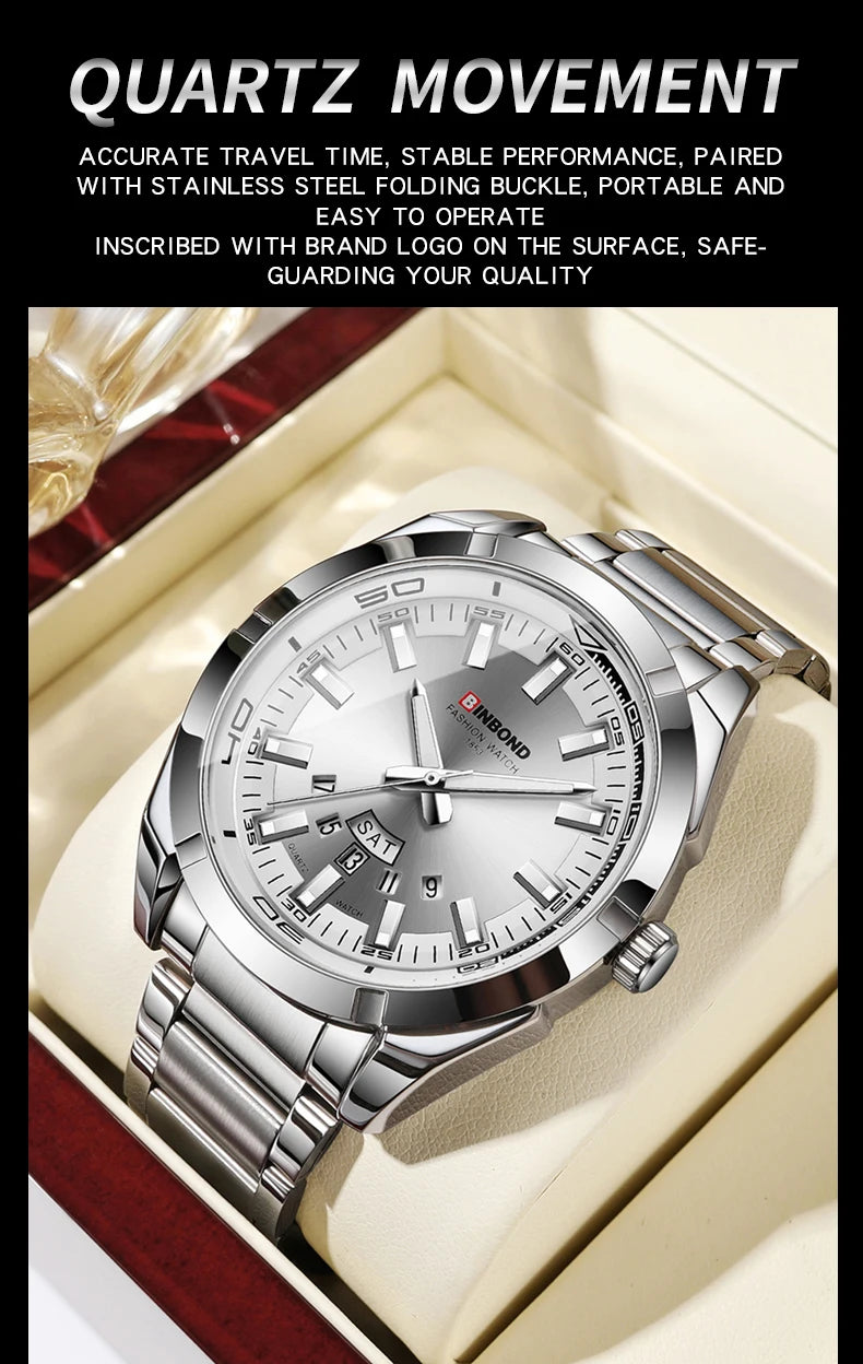 Reloj de Cuarzo BINBOND para Hombre Elegante Resistente al Agua