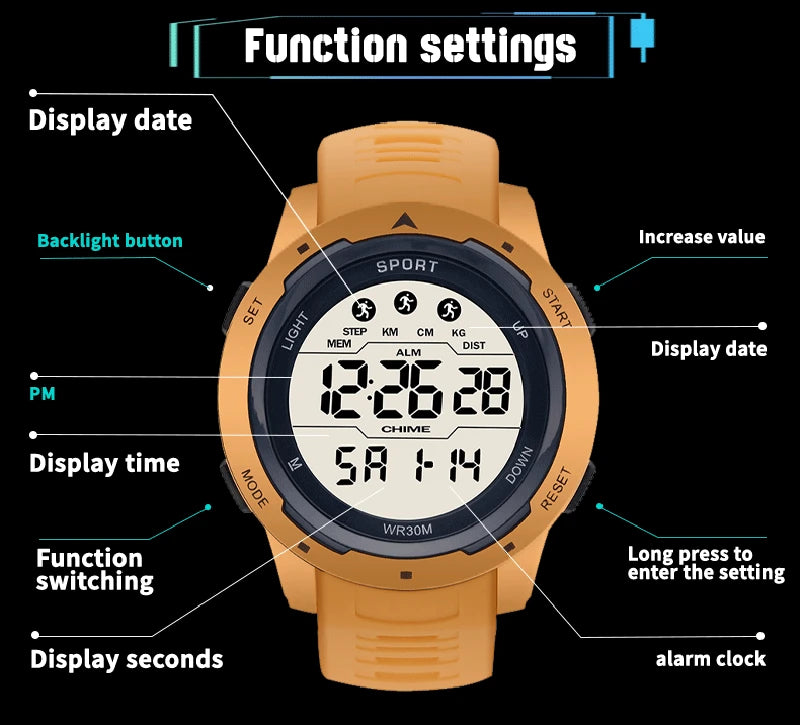 Reloj Digital LED Deportivo Hombre Cronómetro Agua
