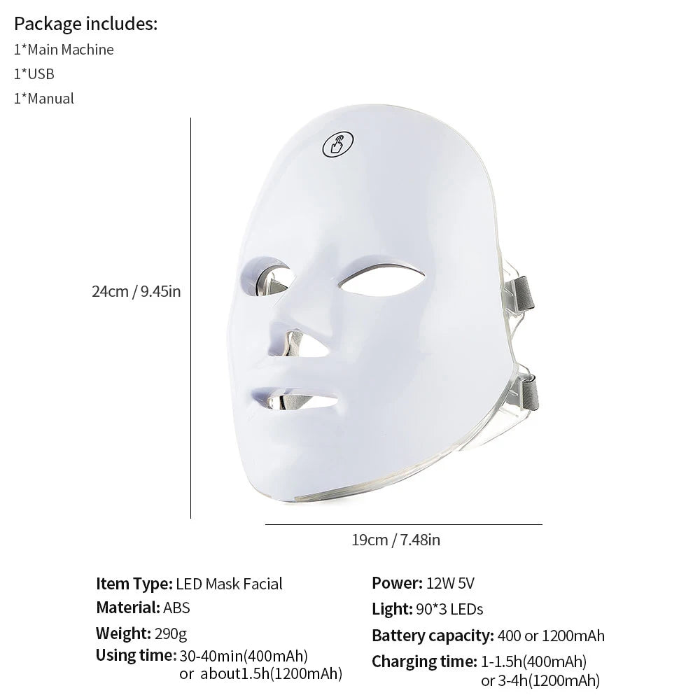 Máscara LED inalámbrica, máscara facial LED de 7 colores, máquina de máscara de belleza para rejuvenecimiento antienvejecimiento reafirmante de la piel con fotones