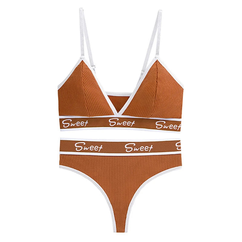 Conjunto de Bralette y Bragas Triangulares Acanaladas para Mujer