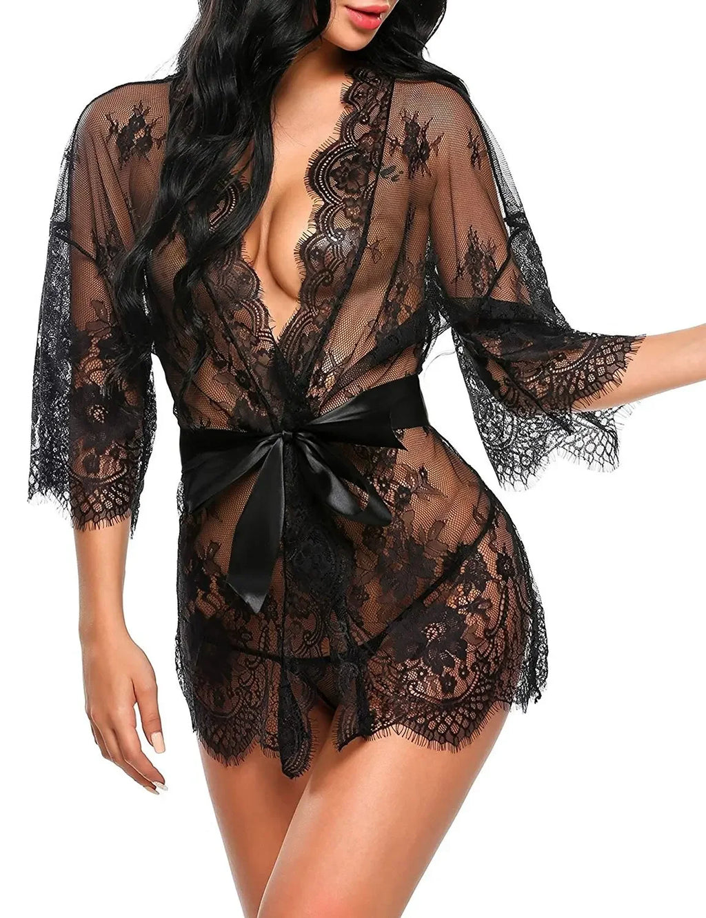 Babydoll Transparente con Cuello en V, Tanga de Encaje para Mujer
