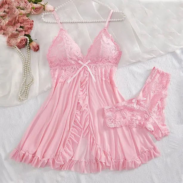 Vestido de lencería Sexy de verano para mujer, camisón transparente de encaje, ropa de dormir lisa, ajustada, suave, con cuello en V, ropa de dormir y vestidos