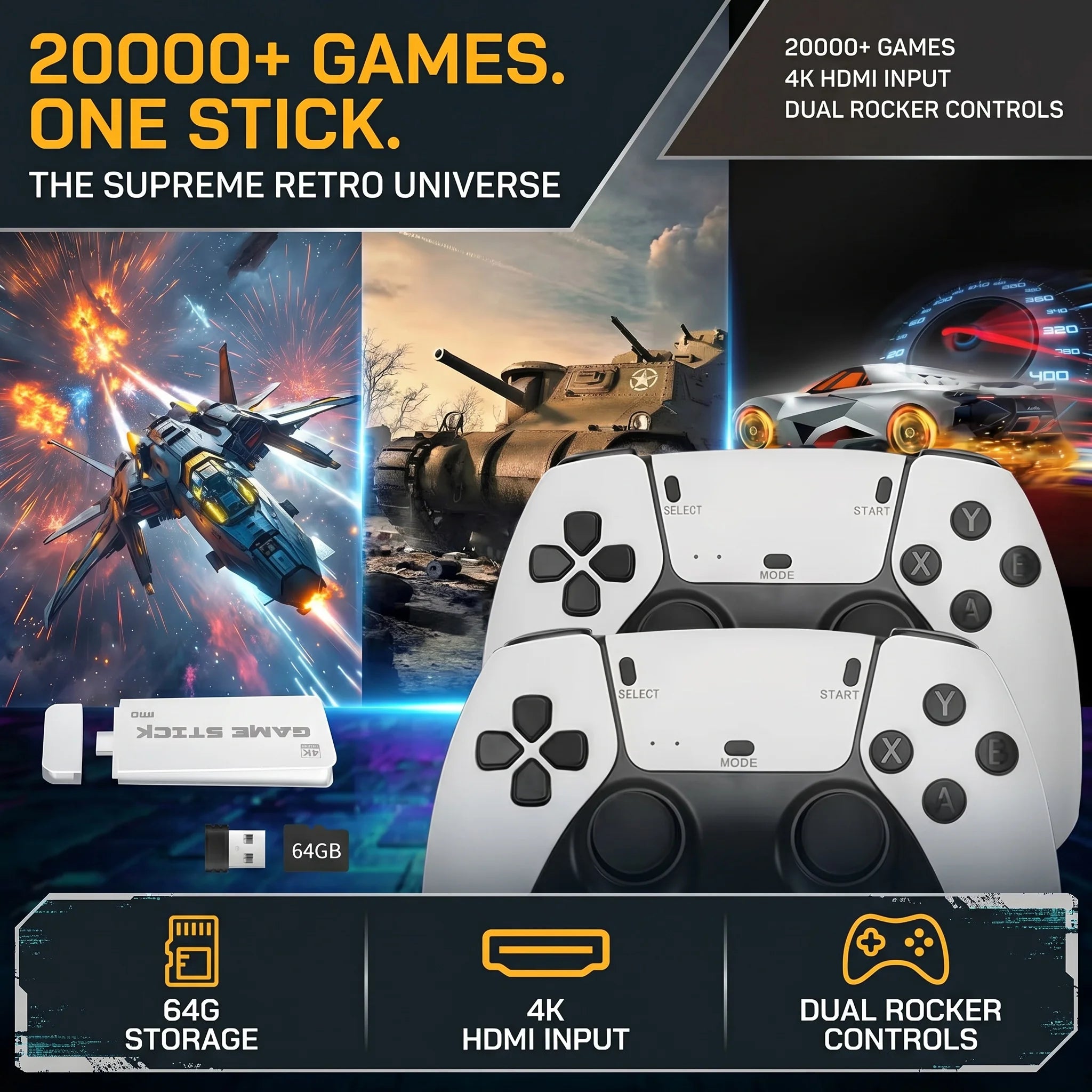Consola de juegos retro 2026, con más de 2000 juegos clásicos incorporados y 64 GB de almacenamiento masivo, controlador inalámbrico plug and play, compatible con HDMI 4K