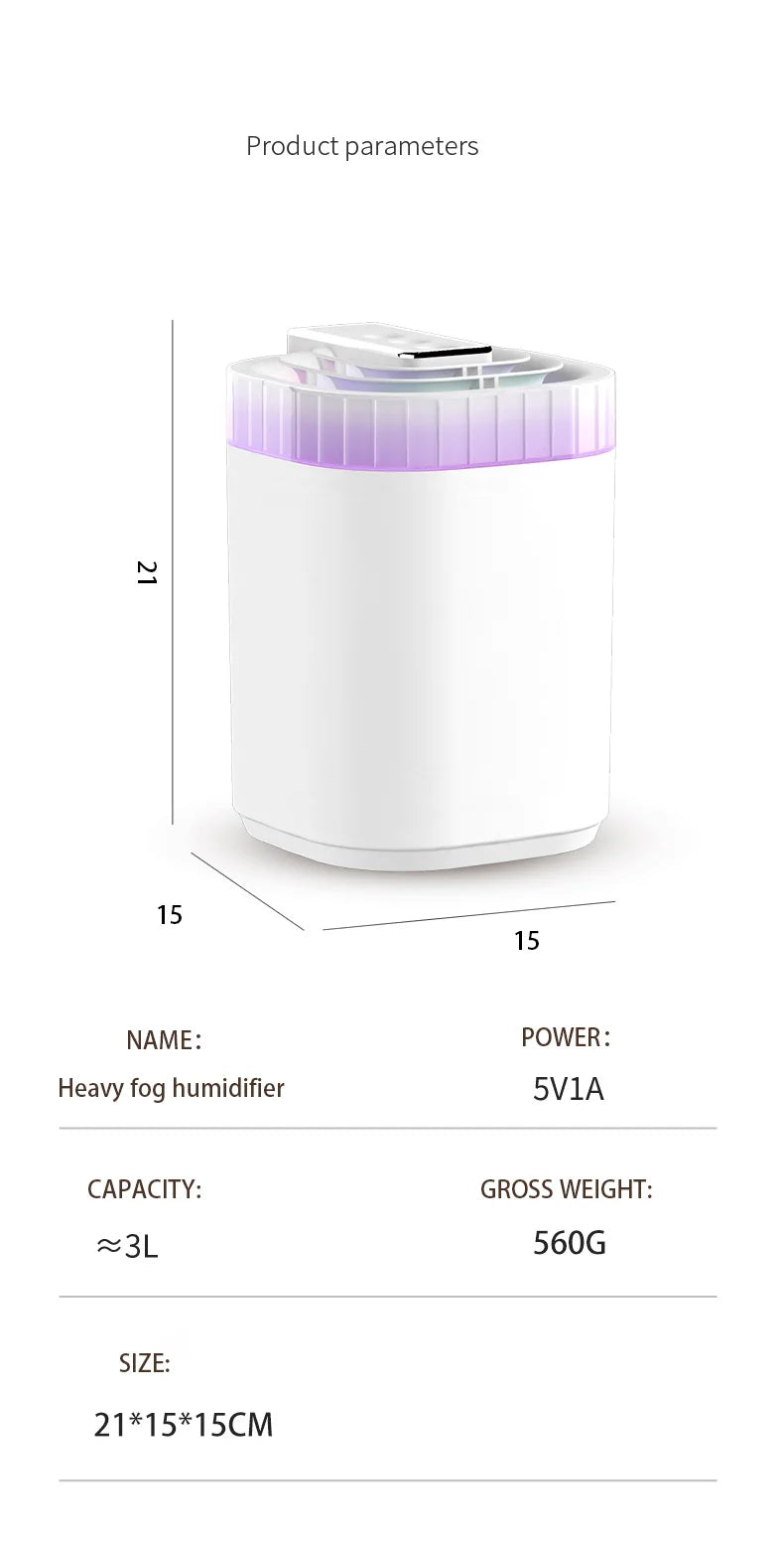 Humidificador Ultrasónico 3L con Luz Nocturna USB