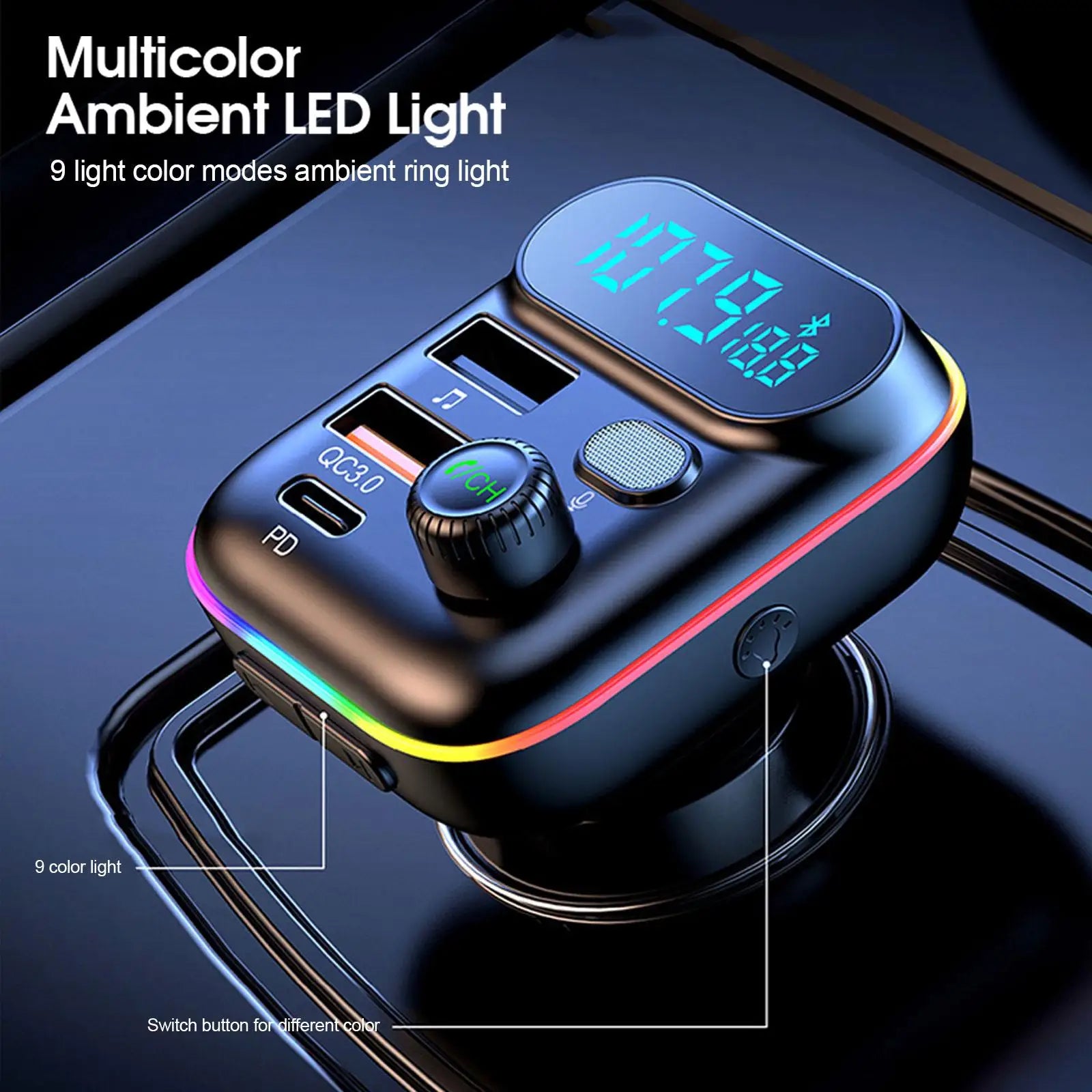 Transmisor FM Bluetooth para coche, transmisor FM Bluetooth 5,0, USB PD, cargador rápido para coche, accesorios electrónicos