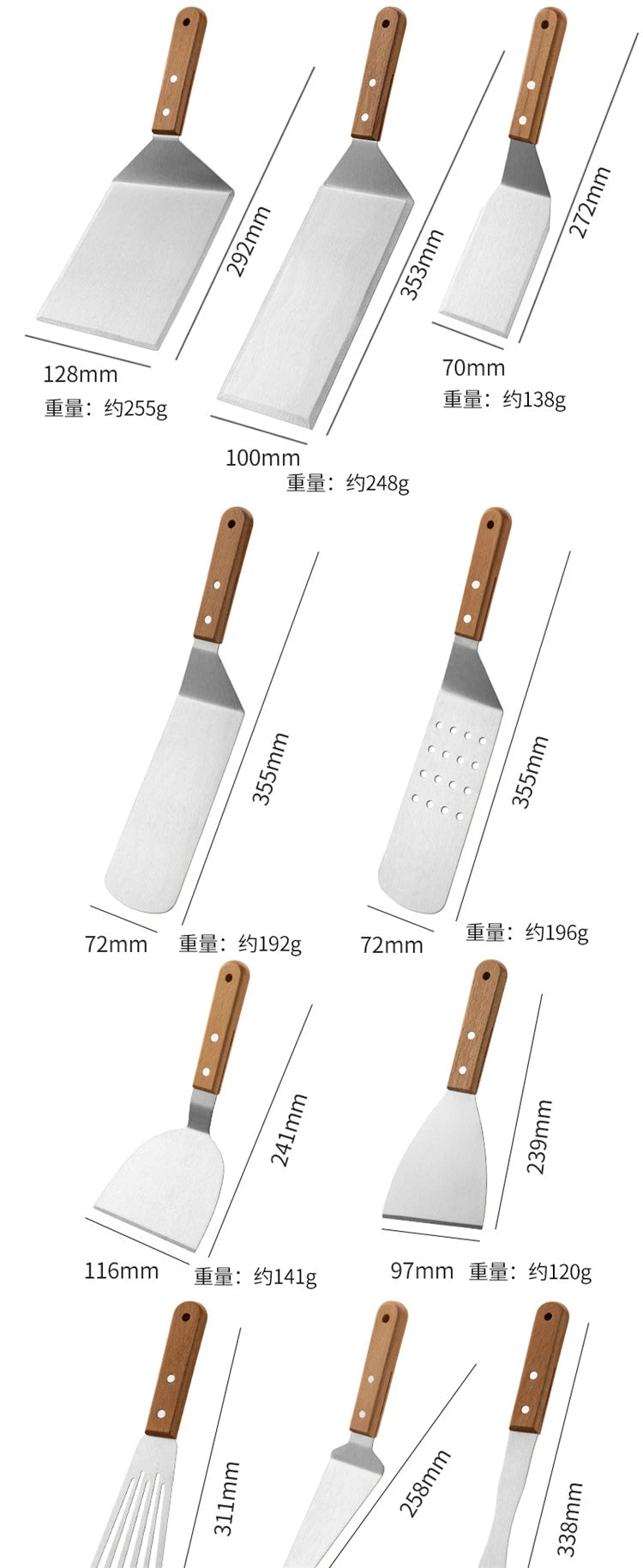 Espátula para plancha al aire libre, espátula para parrilla de acero inoxidable, raspador, espátula plana, aleta para panqueques, volteador de hamburguesas para asar JT596