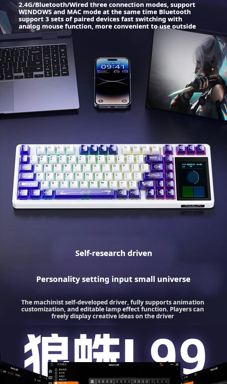 Teclado Mecánico AULA L99 con Pantalla Inteligente, Inalámbrico Bluetooth, Estructura Gasket, Teclado para Juegos con Iluminación RGB y Visión Nocturna