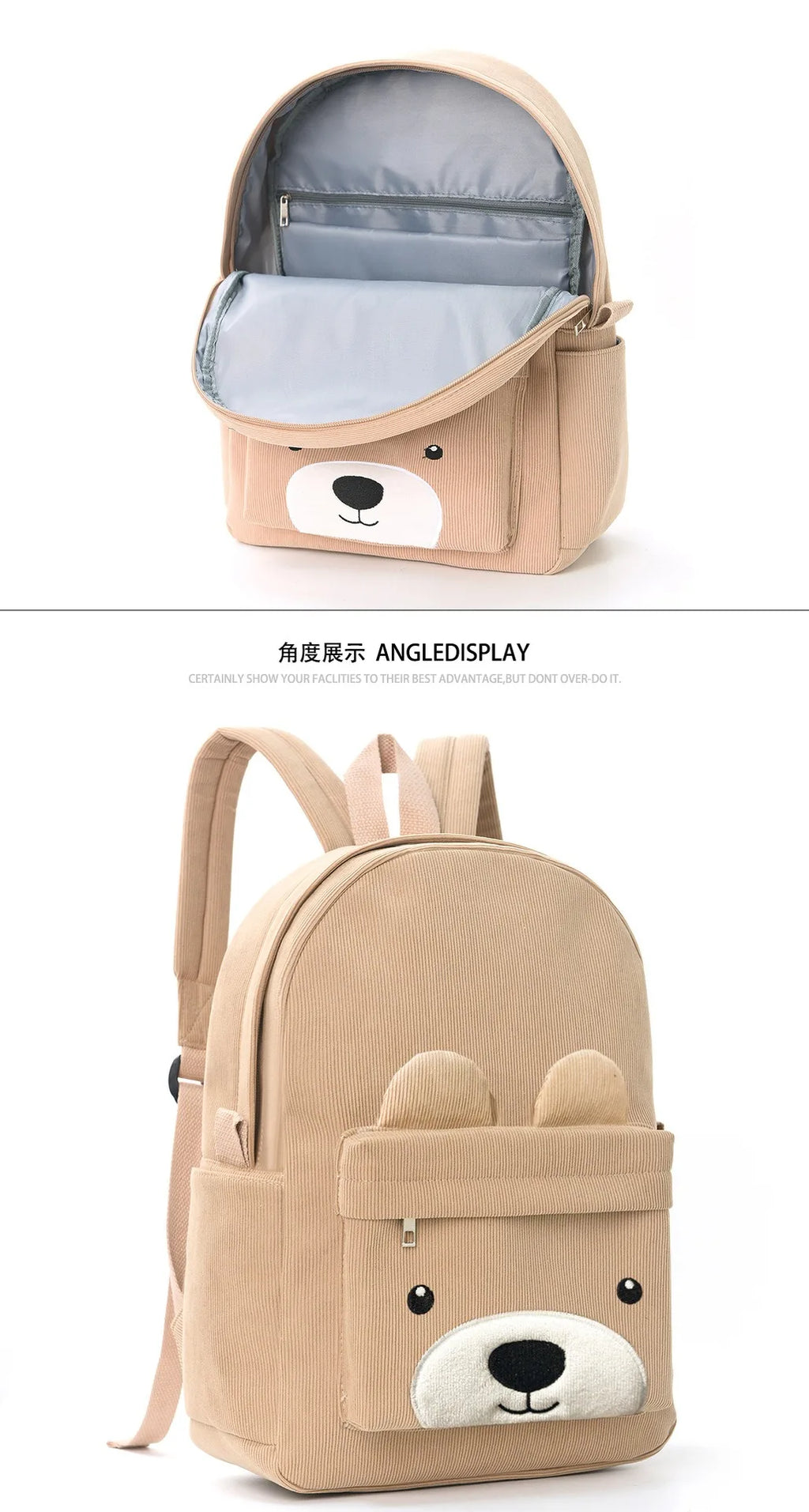 Mochila Infantil de Pana con Diseño de Oso de Gran Capacidad