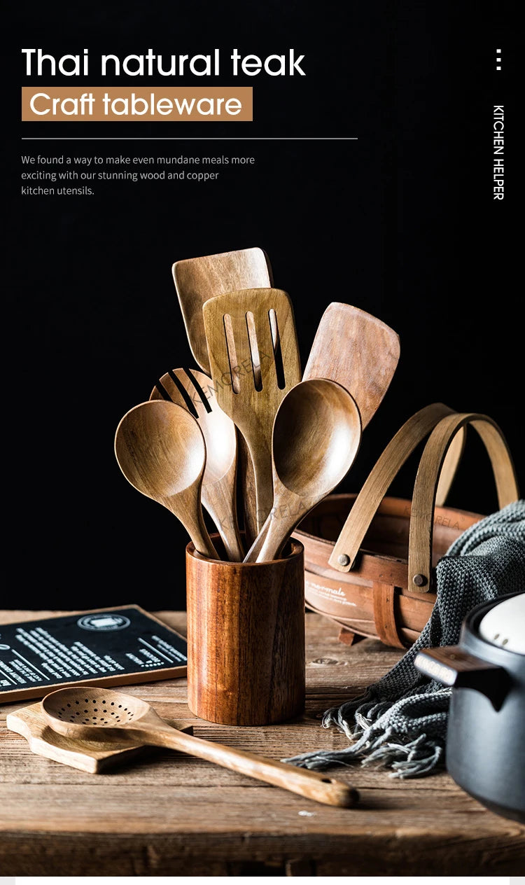 9 cucharas de madera para cocinar, utensilios de madera para cocinar con soporte para utensilios, juego de utensilios de cocina de madera de teca