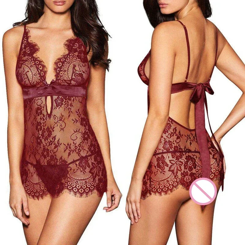 Babydoll de Encaje Transparente con Espalda Descubierta para Mujer
