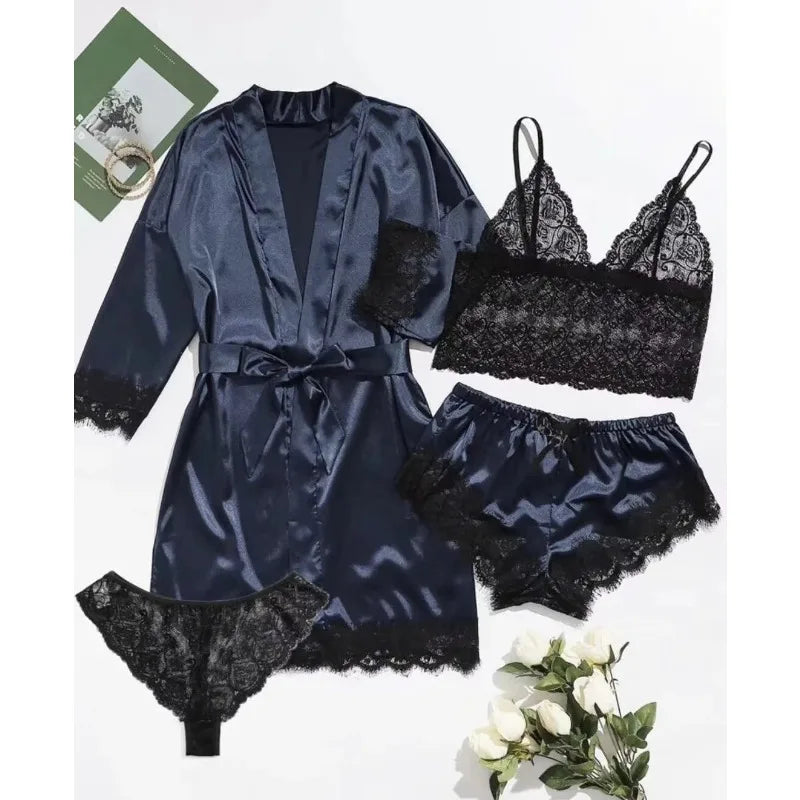 Conjunto Pijama de Satén 4 Piezas con Bata - Top con Encaje para Mujer