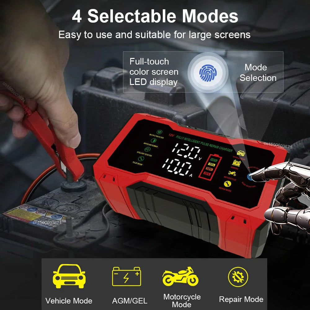 Cargador de batería inteligente 12V 10A con pantalla LCD para autos y motos
