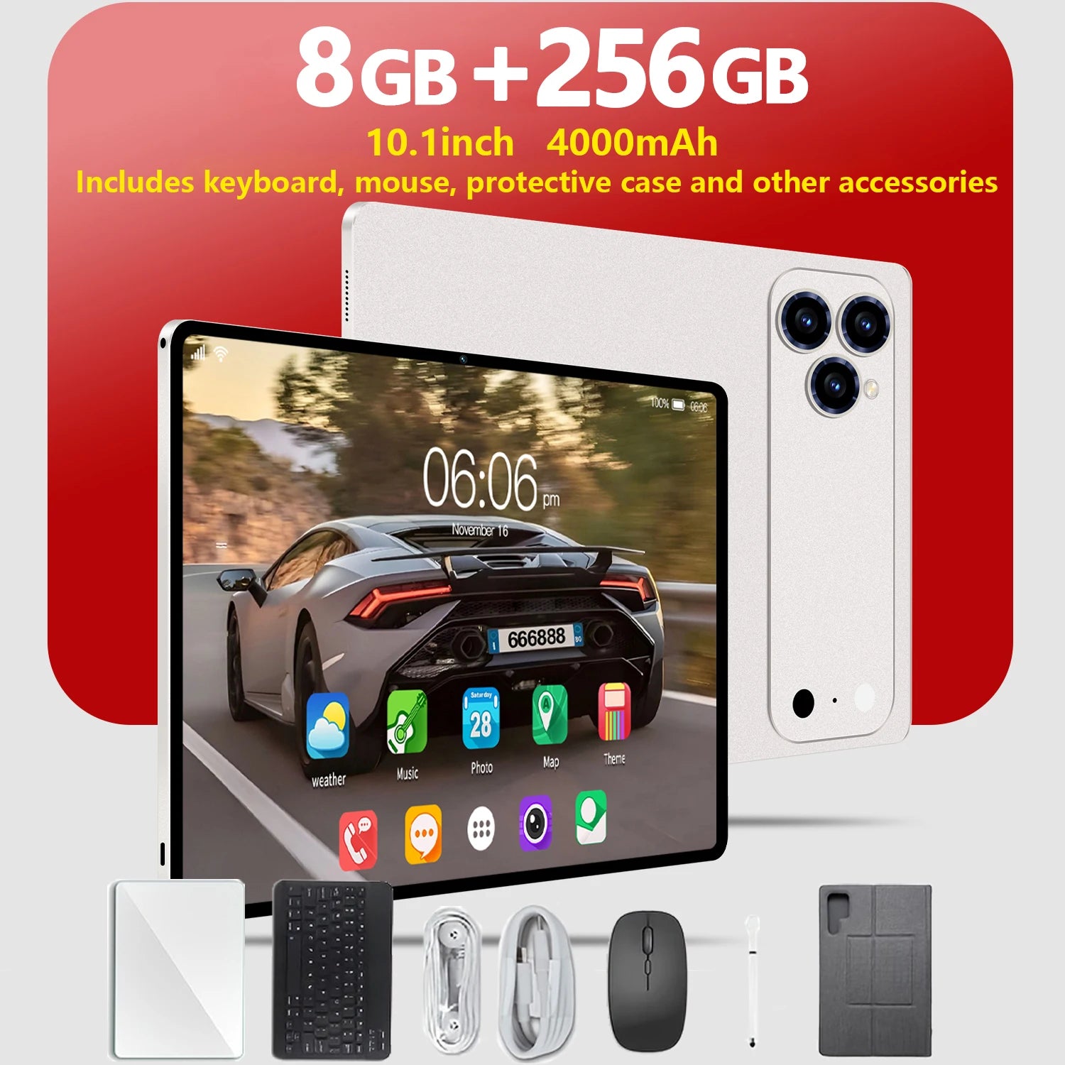 Tableta Android 15 2 en 1, Último Modelo de Tableta, Pantalla de 10.1 Pulgadas, 8GB 256GB, con Teclado, Funda Protectora y Lápiz Óptico