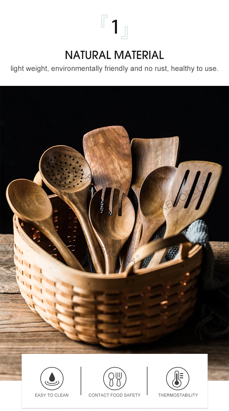 9 cucharas de madera para cocinar, utensilios de madera para cocinar con soporte para utensilios, juego de utensilios de cocina de madera de teca